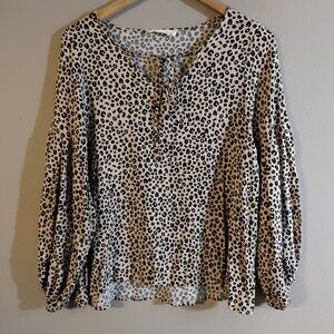 Rayon blouse, Vine & love leopard print v-neck top with Bishop sleeves.